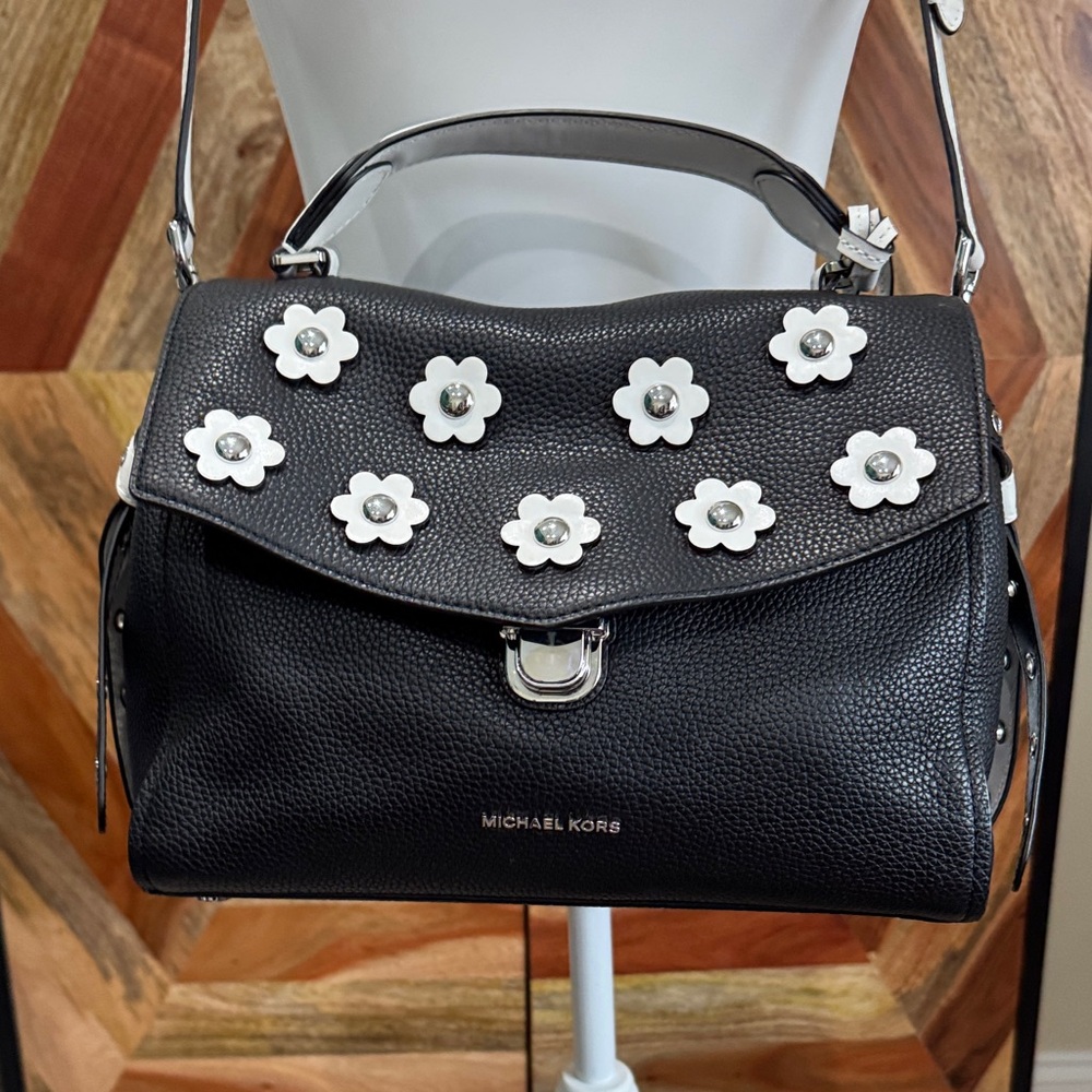 Michael Kors Black Satchel with White Floral Accents